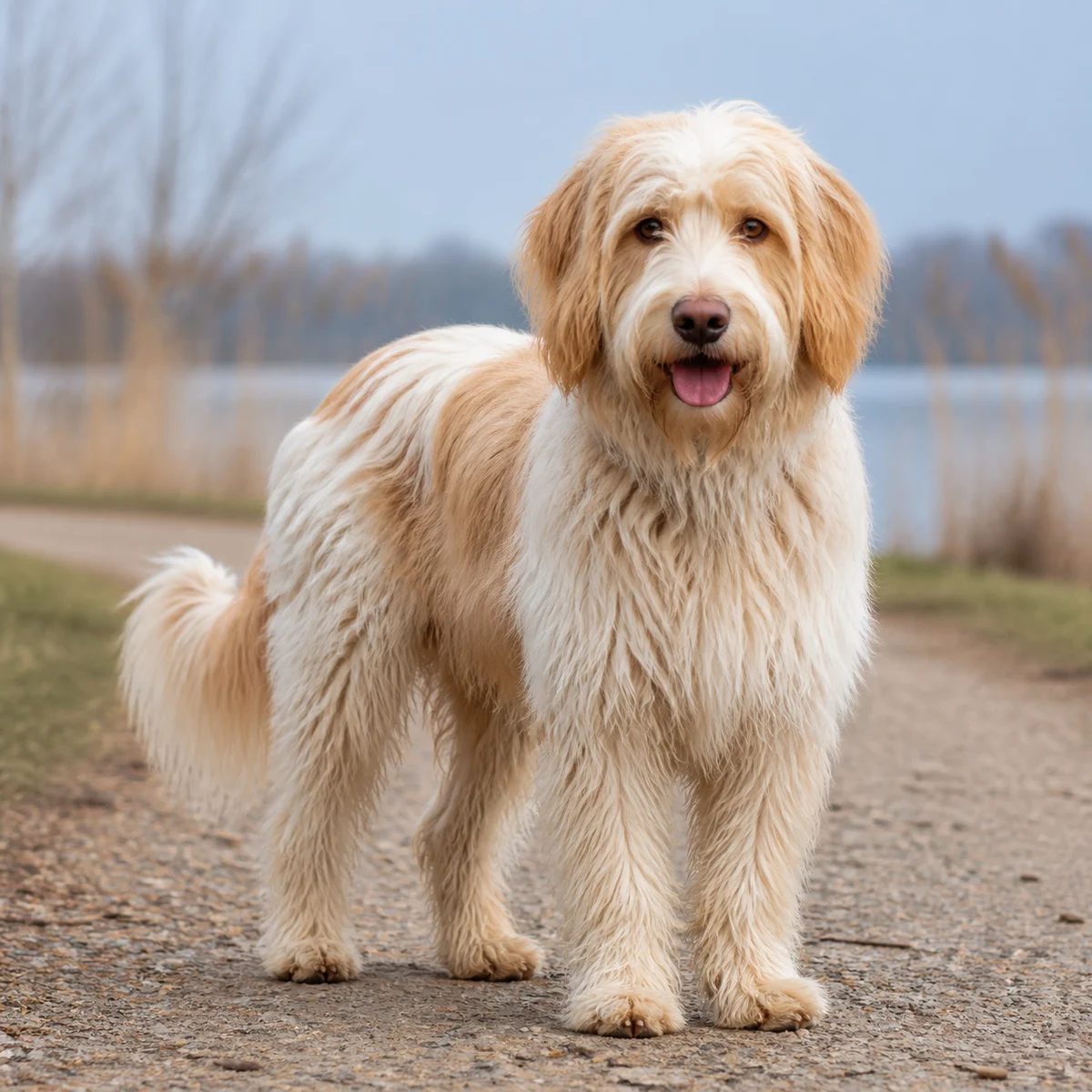 Shaggy dog by a lake