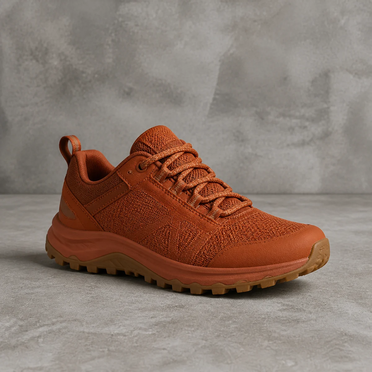 Burnt-orange trail shoe with woven laces